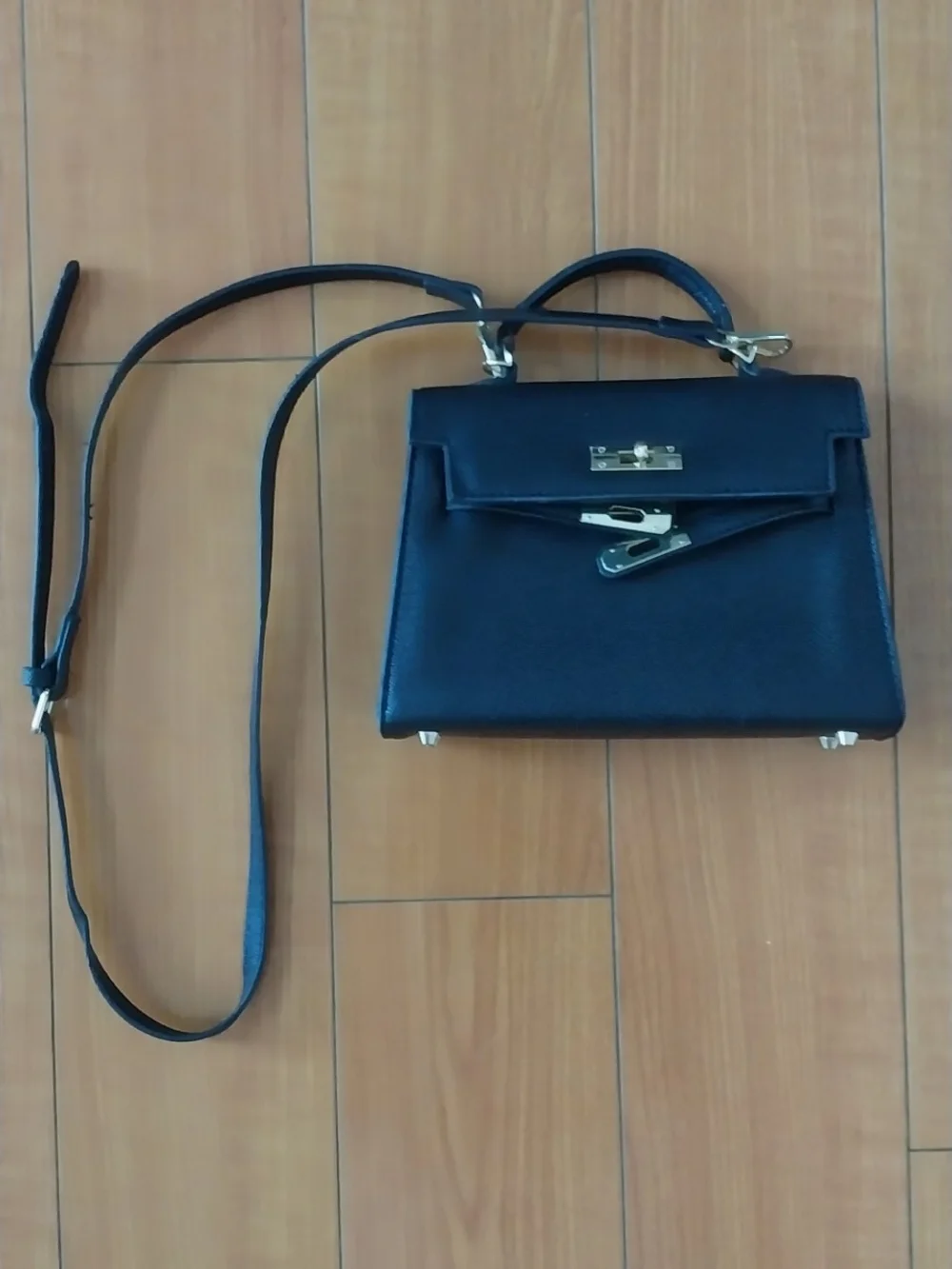 Black Structured Top-Handle Crossbody Bag w/Gold Hardware + Extra Long Strap Inc